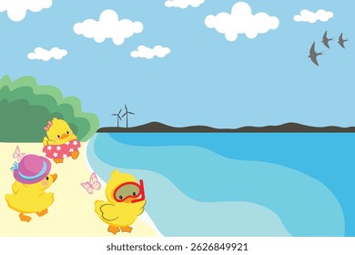Summer sale podium, Duck yellow shaped inflatable ring, coconut tree, banner design, on sand beach and green background