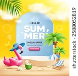 Summer sale podium, pink flamingo inflatable swimming pool, coconut trees, beach umbrella, poster design, cloud and sky on yellow background, EPS 10 vector illustration
