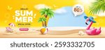 Summer sale podium, Pink flamingo inflatable swimming pool, coconut trees, beach umbrella, banner design, cloud and sky on yellow background, EPS 10 vector illustration