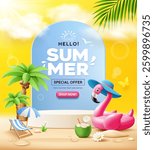 Summer sale podium, pink flamingo inflatable swimming pool, coconut trees, beach umbrella, poster design, on yellow background, EPS 10 vector illustration