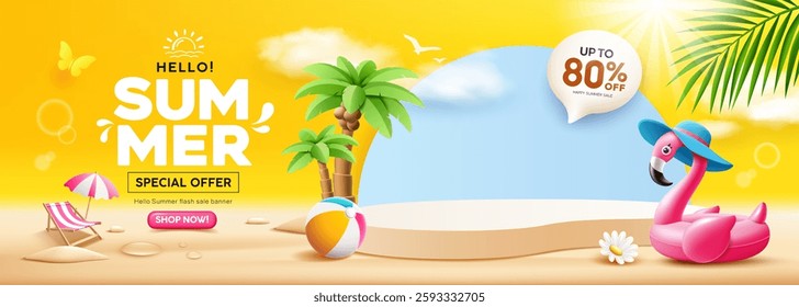 Summer sale podium, Pink flamingo inflatable swimming pool, coconut trees, beach umbrella, banner design, cloud and sky on yellow background, EPS 10 vector illustration