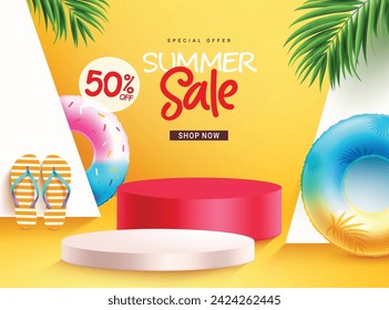 Summer sale podium vector banner design. Summer special offer text with floaters elements and podium stage for seasonal shopping advertisements. Vector illustration summer sale banner design. 
