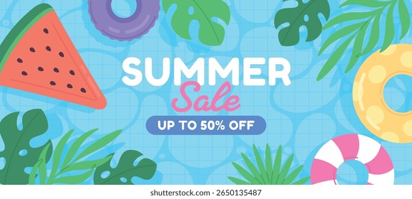 Summer sale pool banner. Water surface, watermelon inflatable mattress and rubber rings. Cartoon design with exotic leaves, racy vector template