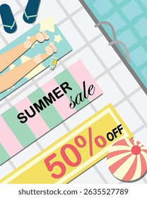 A summer sale pool poster with a pool, sandals, beach towels, a beach ball, and sunscreen. Flyer, poster, banner, card, or heading.