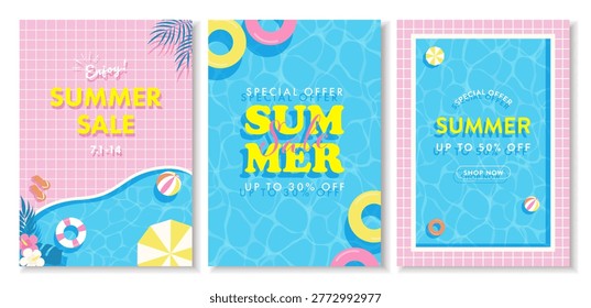 Summer sale pool poster template with water surface background, colorful vacation and swimming pool design