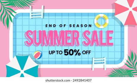 Summer sale Pool theme background vector illustration. Top view of swimming pool with pool floats