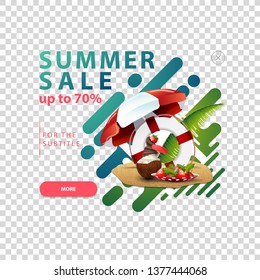 Summer sale, pop-up window with a discount banner for your website with coconut ice cream cocktail, beach umbrella, fruit, palm leaves and lifeline