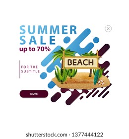 Summer sale, pop-up window with a discount banner for your website with coconut palms and bamboo sign with the inscription "beach"