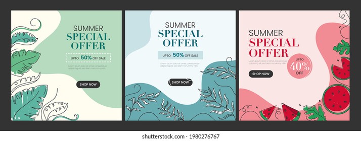 Publicación De Venta De Verano O Diseño De Plantilla Con Ofertas De Descuento En Tres Opciones De Color.