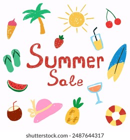 Summer sale postcard, banner with crayon texture doodle scribble elements.