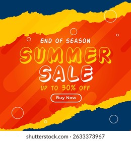 Summer Sale poster with up to 30% off. End of Season. Vector Illustration. Summer Sale banner for social media ads. 30% off. Buy Now.