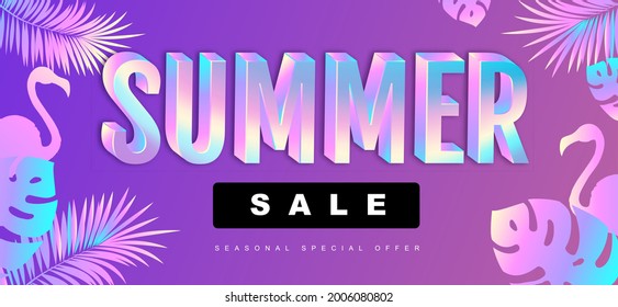 Summer sale poster with 3D holographic text,  tropic leaves and flamingo. Vector illustration