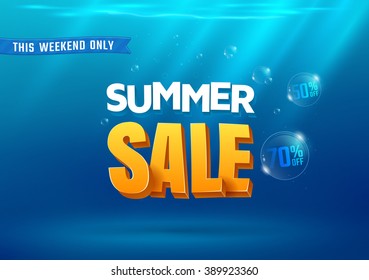 Summer sale poster. 3d lettering. Sea background.