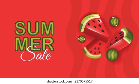 Summer sale poster with 3d slices of watermelon on red background. Summer watermelon background.