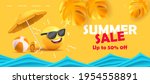 Summer sale poster with 3d smile in sunglasses under sun umbrella with tropical leaves and sea waves with sale discounts copy