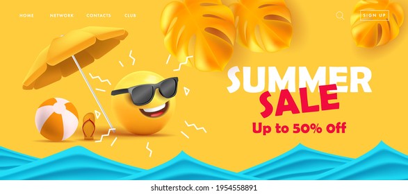 Summer sale poster with 3d smile in sunglasses under sun umbrella with tropical leaves and sea waves with sale discounts copy