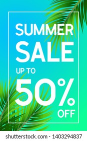 Summer sale poster up to 50 percent off with palm leaf