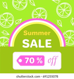 Summer sale poster with 70 % discount off, vector illustration green banner with slices of lemon and colorful rainbow in flat style