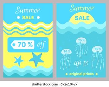 Summer sale poster with abstract cartoon jellyfishes sailing in sea or ocean vector illustration with special offer original price 70 % off