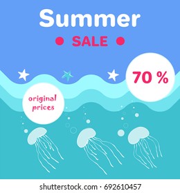Summer sale poster with abstract cartoon jellyfishes sailing in sea or ocean vector illustration with special offer original price 70 % off