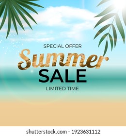 Summer Sale Poster Background with Paln Leaves and Sea. Vector Illustration EPS10