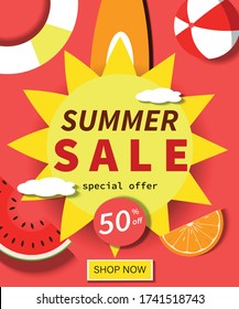 Summer Sale Poster, banner, advertising, Paper Cut Design Concept. Vector Design.