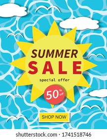 Summer Sale Poster, banner, advertising, Flowing On water Concept. Vector Design.