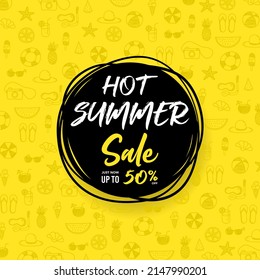 Summer sale poster or banner. Black circle with text and the sea icons background.