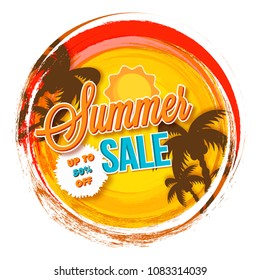 Summer sale poster, or banner design with plam trees, sun and sale offers. 