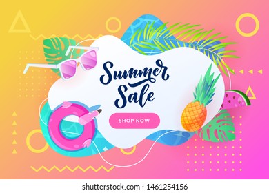 Summer sale poster or banner design template with yellow pink neon gradient background. Vector flat cartoon illustration. Abstract white frame with palm leaves, flamingo float and pineapple.