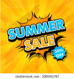 Summer sale, poster, banner or flyer design in pop-art style with 50% off offer on yellow rays background. 