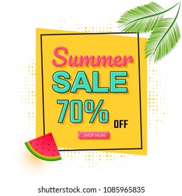 Summer sale poster, banner or flyer design with stylish text and 70% off, green and watermelon slice. 