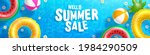 Summer Sale poster and banner template with Colorful Float on water in the tiled pool Background. Sale banner Design for Summer in flat lay styling. Promotion and shopping template for Summer and pool