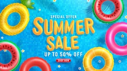 Summer Sale Poster And Banner Template With Colorful Float On Water In The Tiled Pool Background. Sale Banner Design For Summer In Flat Lay Styling. Promotion And Shopping Template For Summer And Pool
