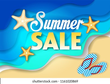 Summer sale poster, banner template. Vector paper cut ocean waves, sand, flip-flops and starfish.