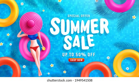 Summer Sale poster and banner template with Women on round pool floats in the tiled pool Background. Sale banner Design for Summer in flat lay styling. Promotion and shopping template for Summer