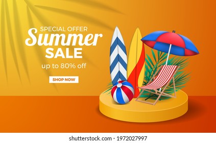 Summer sale poster banner template with podium stage orange warm color with surfboard, ball, and chair