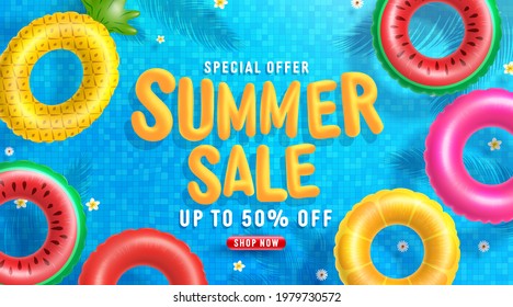 Summer Sale poster and banner template with Colorful Float on water in the tiled pool Background. Sale banner Design for Summer in flat lay styling. Promotion and shopping template for Summer and pool