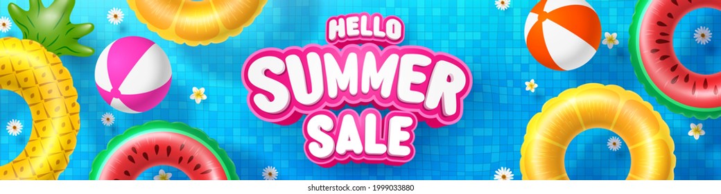 Summer Sale poster and banner template with Colorful Float on water in the tiled pool Background. Sale banner Design for Summer in flat lay styling. Promotion and shopping template for Summer and pool