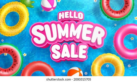 Summer Sale poster and banner template with Colorful Float on water in the tiled pool Background. Sale banner Design for Summer in flat lay styling. Promotion and shopping template for Summer and pool