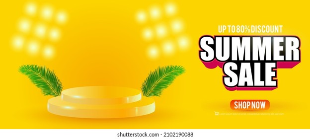 Summer Sale poster and banner template with Podium and Palm Tree Background. Sale banner Design for Summer in flat lay styling. Promotion and Shop now button shopping template for Summer Vector