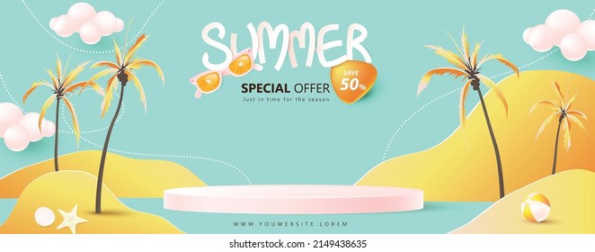 Summer sale poster banner template for promotion with product display cylindrical shape and beach background