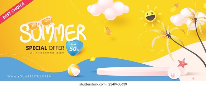 Summer sale poster banner template for promotion with product display cylindrical shape and beach elements 