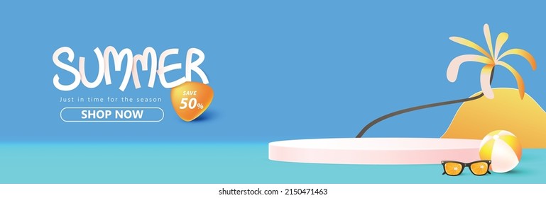 Summer sale poster banner template for promotion with product display cylindrical shape and beach background