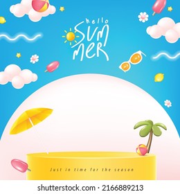 Summer sale poster banner template for promotion with product display cylindrical shape and beach background