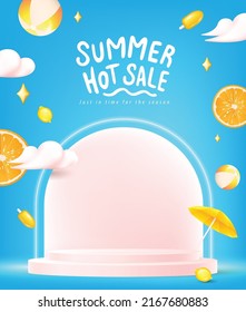 Summer sale poster banner template for promotion with product display cylindrical shape and elements for beach party on sky
