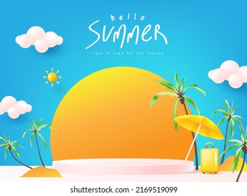 Summer sale poster banner template for promotion with product display cylindrical shape and beach background - Shutterstock ID 2169519099