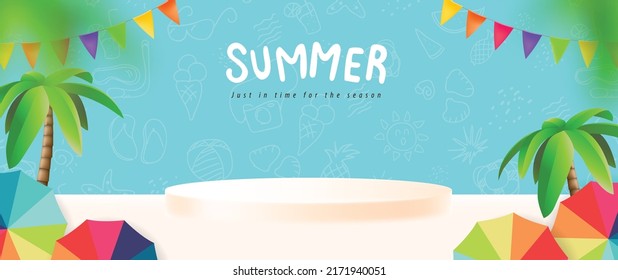 Summer sale poster banner template for promotion with product display cylindrical shape and beach background - Shutterstock ID 2171940051