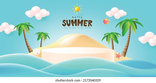 Summer sale poster banner template for promotion with product display cylindrical shape and beach background