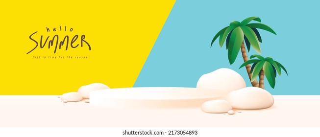 Summer Sale Poster Banner Template For Promotion With Stone Product Display Podium And Beach Background